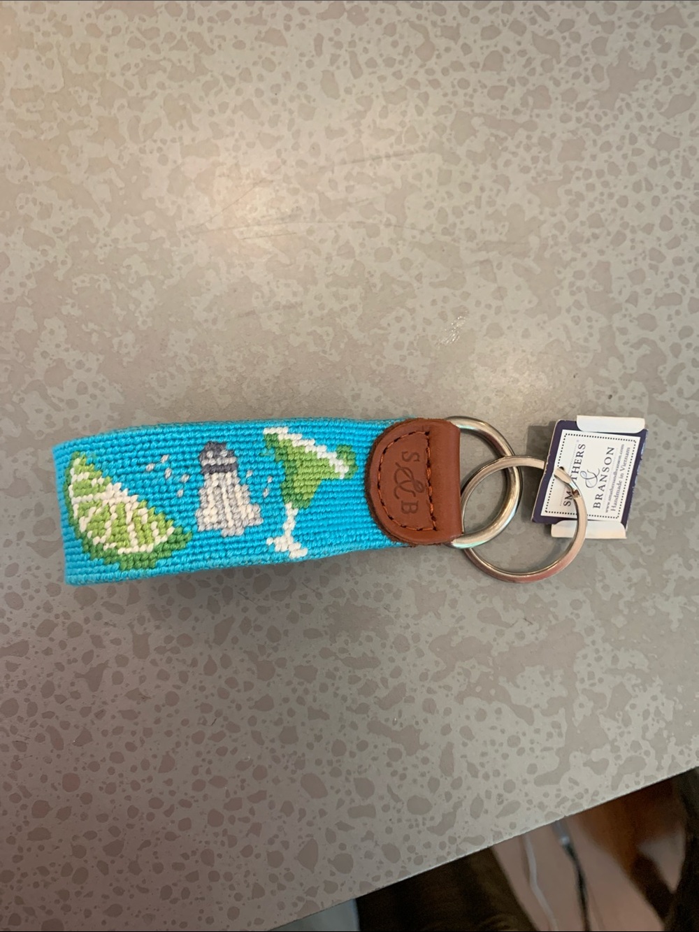 Smathers & Branson Turquoise Needlepoint Key Fob with Lime & Cocktail Motif